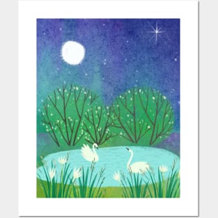 Peaceful Night Watercolor Nature Scene Posters and Art